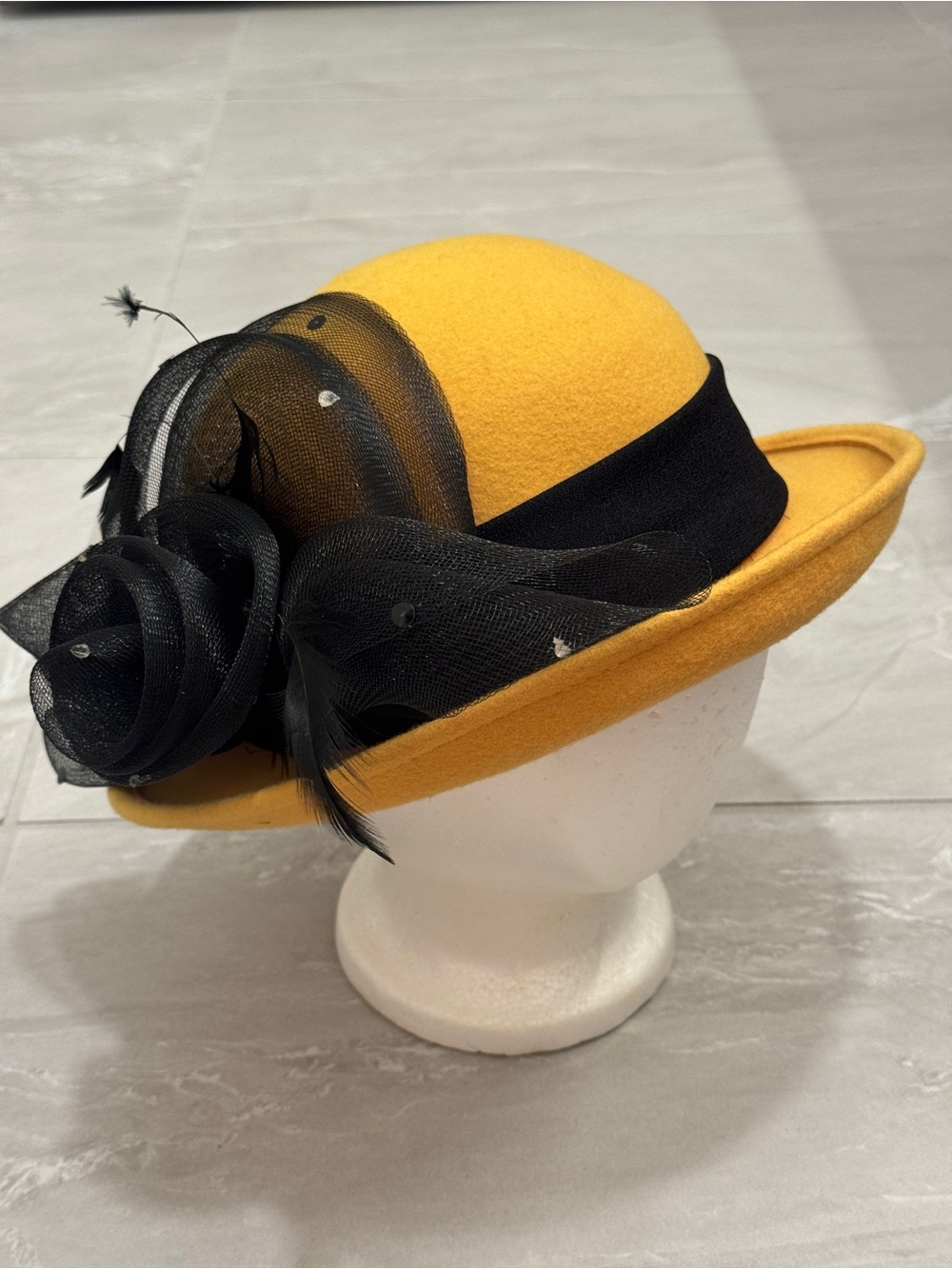 Yellow Wool Cloche Hat One Size Black Floral Fascinator Church Derby Hat